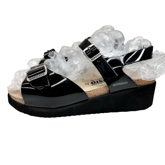 Mephisto Wedge Sandals Black Patent Leather Buckle Straps SZ 37 - Picture 4 of 11